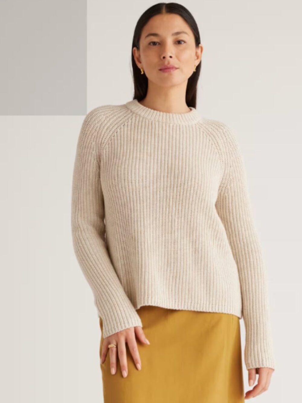 QUINCE 100% Organic Cotton Fisherman Crew Sweater Speckled Beige L